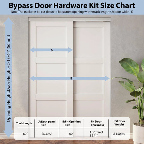 Heavy Duty Bypass Door Hardware 60 Inch Aluminum Sliding Closet Track Kit size chart for cabinet and pocket doors.