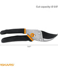 Fiskars Bypass Pruning Shears with 5/8 inch cut capacity, rust-resistant steel blade, ergonomic handle for garden use, side view.