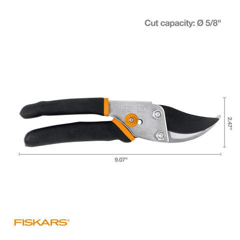 Fiskars Bypass Pruning Shears with 5/8 inch cut capacity, rust-resistant steel blade, ergonomic handle for garden use, side view.