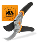 Bypass Pruning Shears With Five Eighth Inch Cut Capacity And Rust Resistant Steel Blade, ergonomic handle, full lifetime warranty.