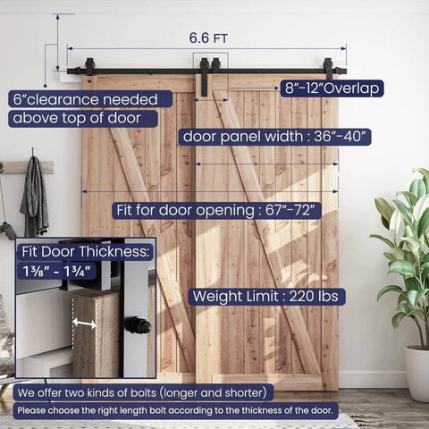 6.6 Feet Bypass Sliding Barn Door Hardware Kit for Double Wooden Doors with Single Track installed on wooden doors in a room.