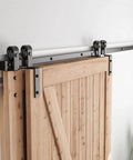 7.5 Feet Bypass Sliding Barn Door Hardware Kit for Double Wooden Doors with Single Track installed on wooden doors
