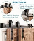 6FT Single Track Bypass Sliding Barn Door Hardware Kit for Double Doors installed, showing anti-jump feature and rollers