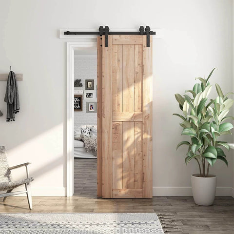 4 Feet Bypass Sliding Barn Door Hardware Kit for Double Wooden Doors with Single Track installed on wooden door