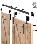 6.6 Feet Bypass Sliding Barn Door Hardware Kit for Double Wooden Doors with Single Track displayed with installation hardware