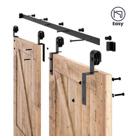 6.6 Feet Bypass Sliding Barn Door Hardware Kit for Double Wooden Doors with Single Track displayed with installation hardware