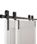 Bypass Sliding Barn Door Hardware Kit With Single Track System in Frosted Black Carbon Steel, supports doors up to 330 lbs.