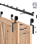 8 Feet Bypass Sliding Barn Door Hardware Kit for Double Wooden Doors with Single Track, showing installation components.