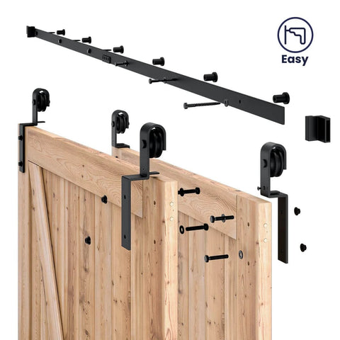 8 Feet Bypass Sliding Barn Door Hardware Kit for Double Wooden Doors with Single Track, showing installation components.