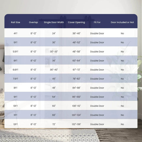 Size chart for 9 Feet Bypass Sliding Barn Door Hardware Kit for Double Wooden Doors with Single Track system.