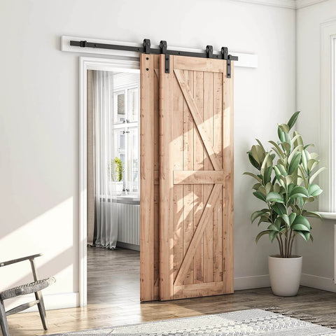 5.5 Feet Bypass Sliding Barn Door Hardware Kit installed on wooden doors in modern room, showing heavy duty carbon steel rail and single track