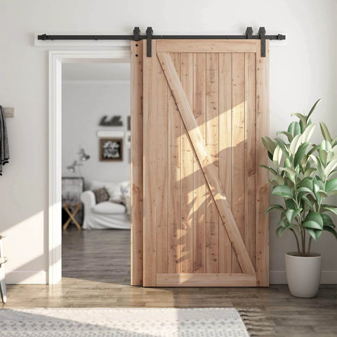 7.5 Feet Bypass Sliding Barn Door Hardware Kit for Double Wooden Doors with Single Track, installed in modern living room