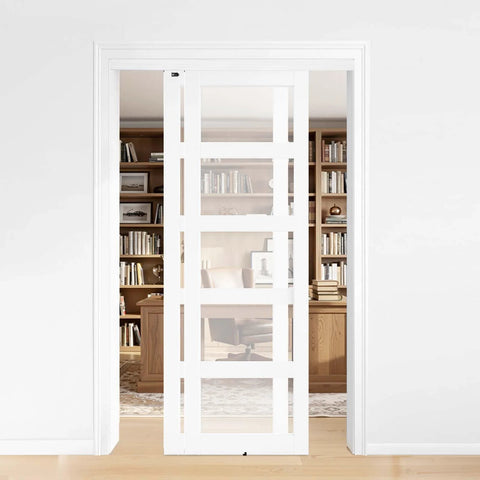 Bypass Sliding Door Hardware Kit For Closet Aluminum Dual Track System with independent door paths installed view