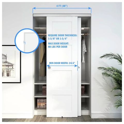 Bypass Sliding Door Hardware With Soft Close And Finger Pulls Aluminum Track shown in 48 inch setup for closets