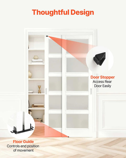 Front view of Bypass Sliding Door Hardware Kit For Closet Aluminum Dual Track System with door stopper and floor guide.