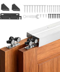 Bypass Sliding Door Hardware Kit For Closet Aluminum Dual Track System showing components and wood doors installation