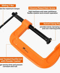 Forward C Clamp Set 3 Piece Heavy Duty Ductile Iron Clamps 3 Inch 4 Inch 6 Inch Kit features orange clamp with sliding T-Bar and chrome main screw