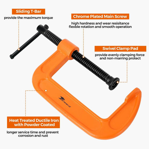 Forward C Clamp Set 3 Piece Heavy Duty Ductile Iron Clamps 3 Inch 4 Inch 6 Inch Kit features orange clamp with sliding T-Bar and chrome main screw