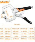 Hardworking Four Piece C Clamp Locking Pliers Set with size chart, ergonomic non-slip handles, and easy release trigger.