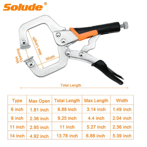 Hardworking Four Piece C Clamp Locking Pliers Set with size chart, ergonomic non-slip handles, and easy release trigger.