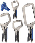 Heavy Duty C Clamp Locking Pliers Set With Swivel Pads And Rubber Soft Grips For Precise Welding And Woodworking Projects Includes 6 Inch 9 Inch 11 Inch And 14 Inch Pliers Carbon Steel Construction Ideal DIY Clamp Tools By KARRYTON shown with four pliers and blue gloves