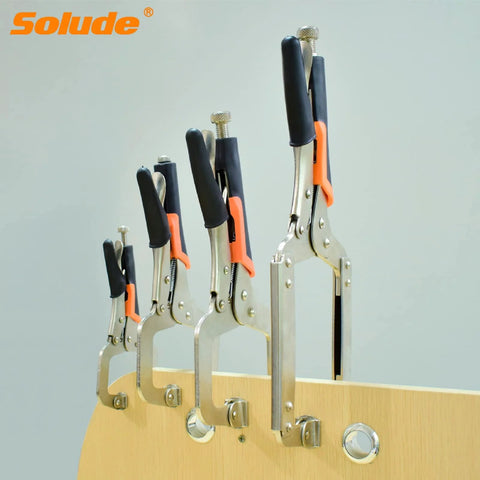 Hardworking Four Piece C Clamp Locking Pliers Set With 6-Inch 9-Inch 11-Inch And 14-Inch Vise Grips for woodworking on wood edge