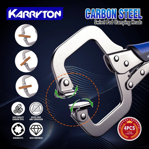 Heavy Duty C Clamp Locking Pliers Set With Swivel Pads And Rubber Soft Grips For Precise Welding And Woodworking Projects Includes 6 Inch 9 Inch 11 Inch And 14 Inch Pliers Carbon Steel Construction Ideal DIY Clamp Tools By KARRYTON.