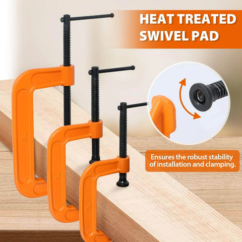 Forward C Clamp Set 3 Piece Heavy Duty Ductile Iron Clamps shown on wood with heat treated swivel pad detail.