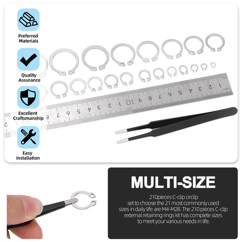 Ultimate 211 piece C clip external retaining ring set in 304 stainless steel from 4mm to 28mm with 21 sizes and included tweezer by Glarks