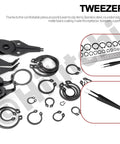 All In One No Fuss C Clip External Retaining Rings Kit With 266 Pieces In 21 Sizes M4 To M28 And Tweezers shown with measurement tools