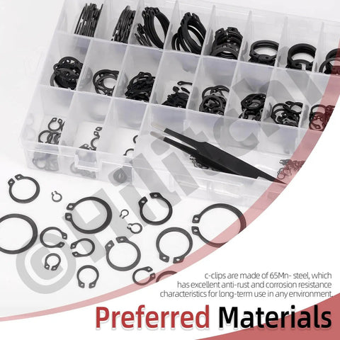 All In One No Fuss C Clip External Retaining Rings Kit With 266 Pieces In 21 Sizes M4 To M28 And Tweezers Manganese Steel Snap Ring Set For Moving Parts Durable Storage Case Open View