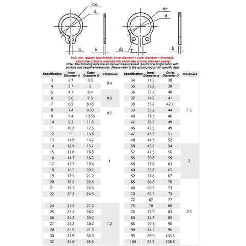 Size chart for External Retaining Ring Set C Clips Circlip Kit 10 Pcs 40 To 48 Mm 65Mn Alloy Steel Snap Rings with diagrams.