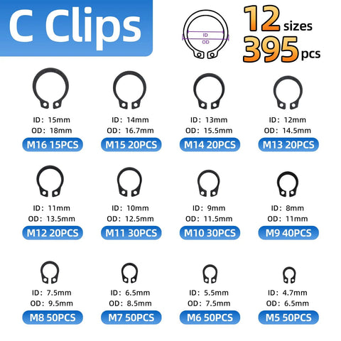 Diagram of 12 sizes of C clips from a 900 Piece Carbon Steel Retaining Rings Set With 24 Size C Clips And E Clips Assortment Kit.