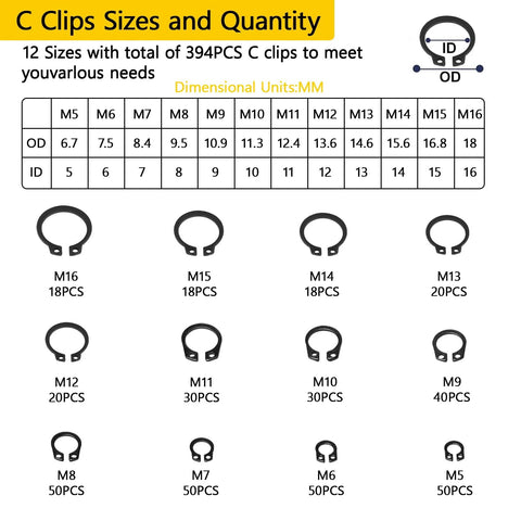 C clips size chart from 900 Pcs C Clips And E Clips Assortment Kit With 24 Sizes External Retaining Rings Snap Rings Set In Black Carbon Steel