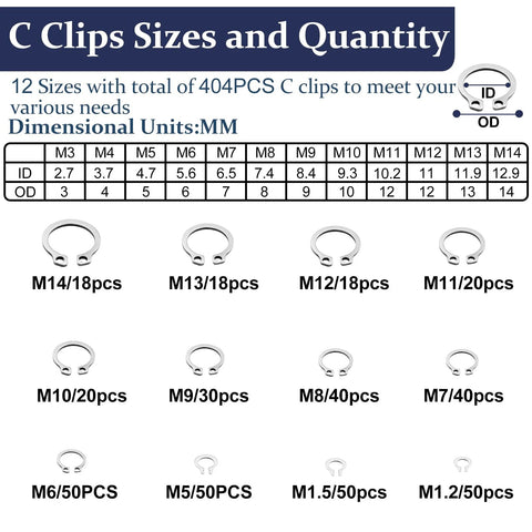 Chart showing C Clip sizes and quantities from Ultimate C Clips And E Clips Assortment Kit with M3 to M14 sizes.