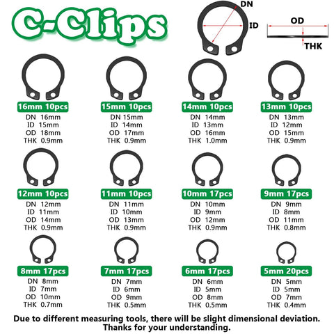 C-Clips from Mega Handy 330 Piece Snap Ring Set With E Clips And C Clips, showing sizes 5mm to 16mm in diagram.