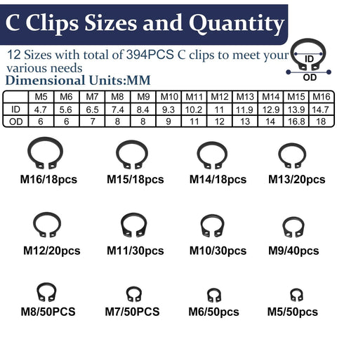 C Clips size chart from All In One C Clips And E Clips Kit For Machinery And DIY Projects ZQZ 840Pcs showing dimensions and quantities