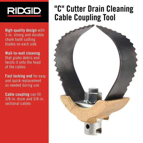 Heavy Duty 3 Inch C Cutter Cable Cleaning Tool for Drain Lines with shark tooth blades, compatible with 3/8" and 5/8" cables.