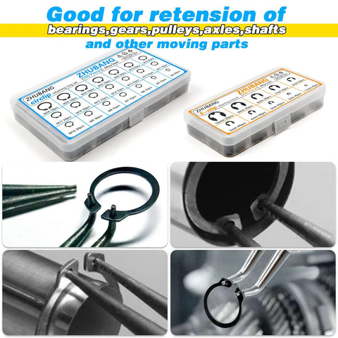 All In One C Clip And E Clip Retaining Ring Kit With tools shown for bearings, gears, and shafts usage