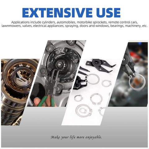 Image showcasing extensive use of Over 300 Piece Stainless Steel C Clip And E Clip Retaining Ring Set By Glarks in automotive and machinery applications.