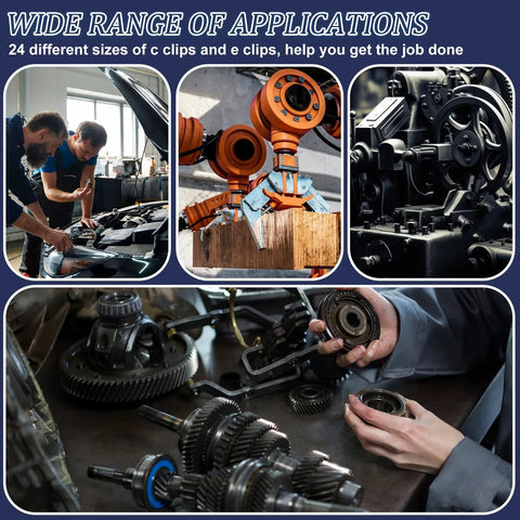 Ultimate C Clips And E Clips Assortment Kit in use across various mechanical applications and machinery, showcasing versatility.