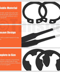 All In One C Clip And E Clip Retaining Ring Kit With Pliers And Tweezers, 312 Pcs Total, M4 To M28 And 1.5 To 10mm Sizes, 65Mn Steel Heavy Duty Snap Ring Set For DIY Gearheads - close-up of tools and clips showing material and design features.