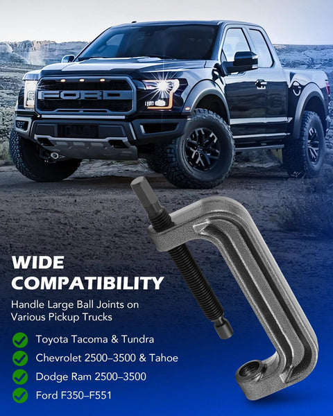 Ball Joint Press Kit With C Frame Press in front of a Ford truck showing wide compatibility with large ball joints for pickups.