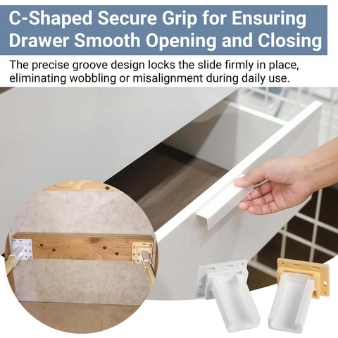 2 Pack Drawer Slide Socket Set For 1 Inch Drawer Slides, C-Shaped Adjustable H305 Drawer Rail Bracket shown securing a drawer