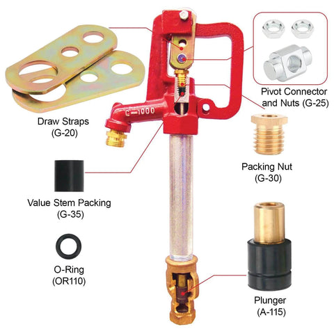 Diagram showing C1000 Hydrant Parts Kit For Merrill Yard Hydrant Repair Head Assembly Series Water Hydrant Faucet Repair Kit With O Ring Packing Nut Plunger Draw Straps Pivot Connector Nuts.