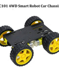 4WD Robot Car Chassis Kit C101 with Speed Encoder TT Motors, metal wheeled platform for Arduino Raspberry Pi Microbit, ideal for STEAM projects.