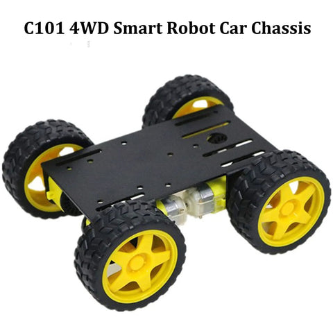 4WD Robot Car Chassis Kit C101 with Speed Encoder TT Motors, metal wheeled platform for Arduino Raspberry Pi Microbit, ideal for STEAM projects.