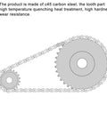 Diagram showing Two 10 Tooth Chain Sprockets With One Quarter Inch Pitch And 8 Millimeter Bore For ISO 04C Chains in C45 Carbon Steel.