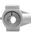 Front view of Kanigen Accu Loc White Take Up Open Close Covers With Single Row Ball Bearing One And A Half Inch ID Polymer Housing