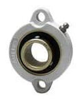 Front view of BLF2-10MZ2W 2-Bolt Flange Bearing 5/8 in ID with white polymer housing and zinc-plated insert, showing round hole and set-screw.